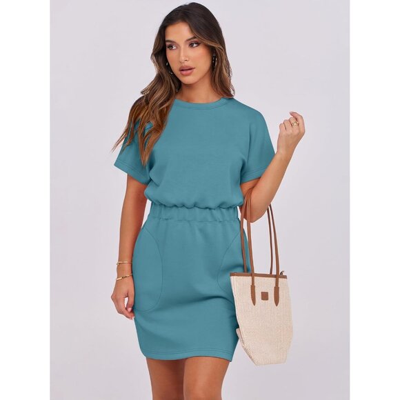 Anrabess Women Teal Crew Neck Elastic Waist Mini T Shirt Dress With Pocket - Picture 3 of 6